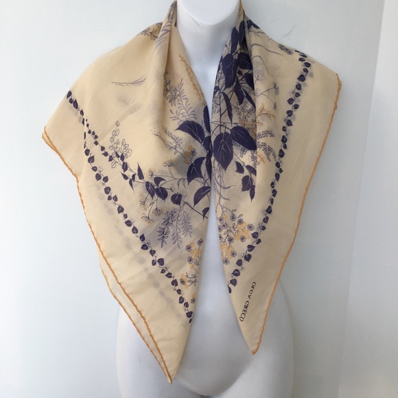 Olga Greco Square Scarf Beige Blue Floral Hand Rol - Picture 3 of 7